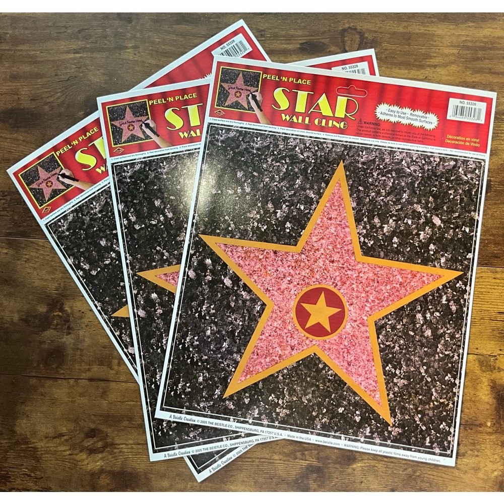 3 Pack 12”x15” Hollywood Star Peel ‘N Place Wall Cling/Party Accessory/Birthday