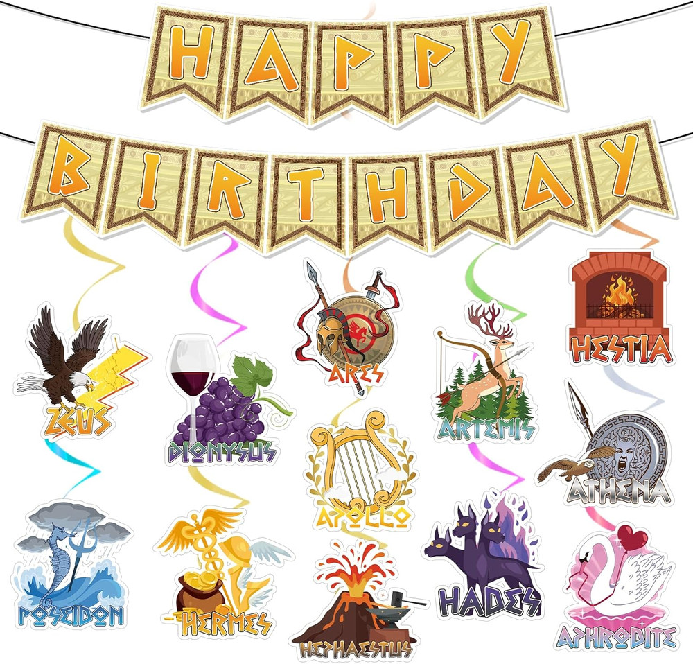 Greek Mythology Birthday Decor, 14PCS Greek Party Banners with Hanging Swirls De