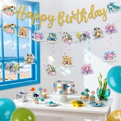 Sea Turtle Birthday Decorations for Kids – Gold Glitter Happy Birthday Banner…