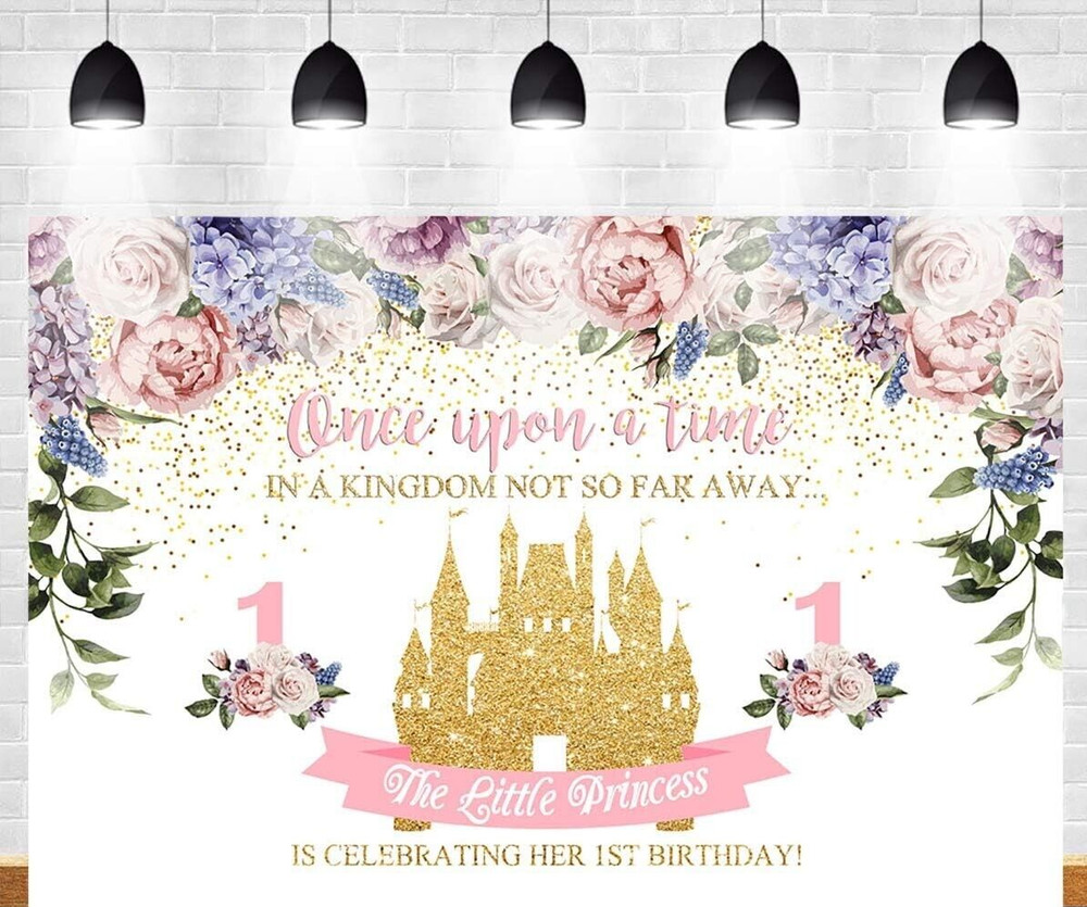 Little Princess 1st Birthday Photo Backdrop Gold Castle Pink and Purple 7′ X 5′