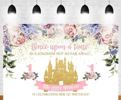 Little Princess 1st Birthday Photo Backdrop Gold Castle Pink and Purple 7′ X 5′
