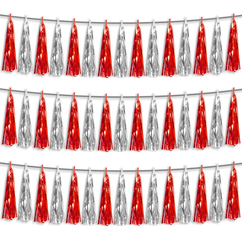 3P Red Silver Foil Fringe Metallic Tassel Streamers Banner Tassel Garland for…