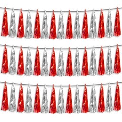 3P Red Silver Foil Fringe Metallic Tassel Streamers Banner Tassel Garland for…