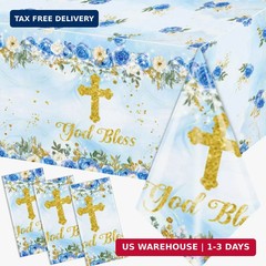 GREHUMOR 3Pcs God Bless Baptism Tablecloth Decorations First Communion Table Cov
