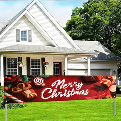 Merry Christmas Banner 3D Gift Candy Decor Backdrop 78X17 Inches Festive Holiday