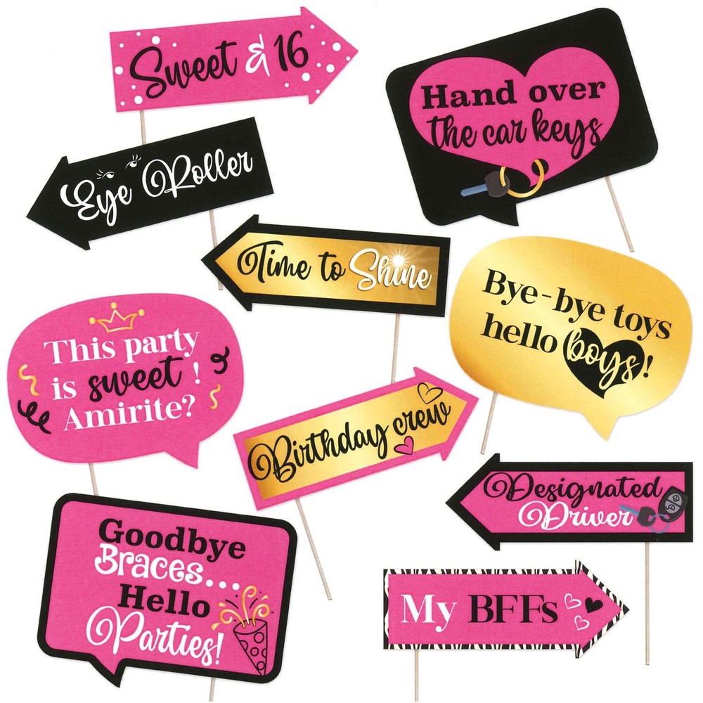 10 PCS Funny Sweet 16 Photo Booth Props Pink Birthday Themed Selfie Sticks