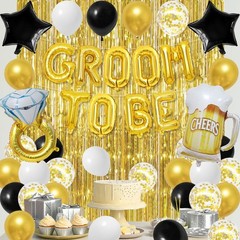 Gold Bachelor Party Decorations – Groom To Be Banner, Satin Sash, Fringe Curtain