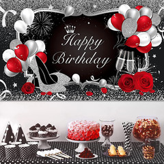 Silver and Black Happy Birthday Backdrop Happy Birthday Banner Red Large Sequin