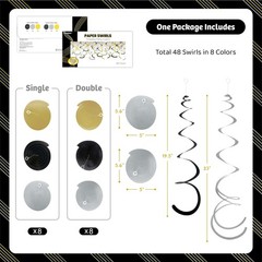 48-Piece Swirl Party Decorations for Ceiling, Black Gold Silver Satin-Look Si…