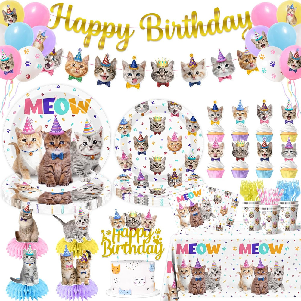Cat Birthday Decorations Kit 189Pcs Party Plates Cups Napkins Balloons Decor Set