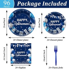 Elegant 96-Piece Retirement Party Tableware Set in Blue & Silver for 24 Guests