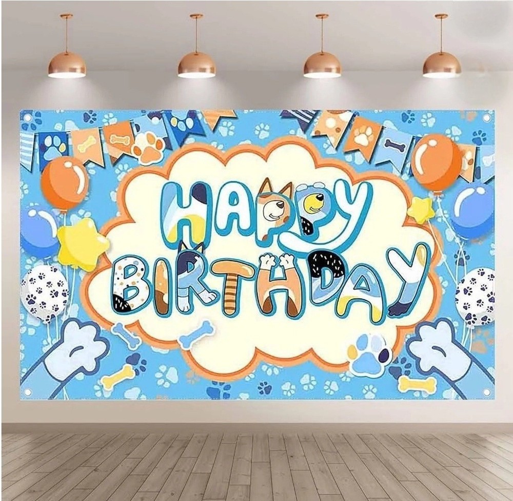 Bluey Sheepdog Happy Birthday Backdrop Kids Birthday Party Decoration 6.5x4ft