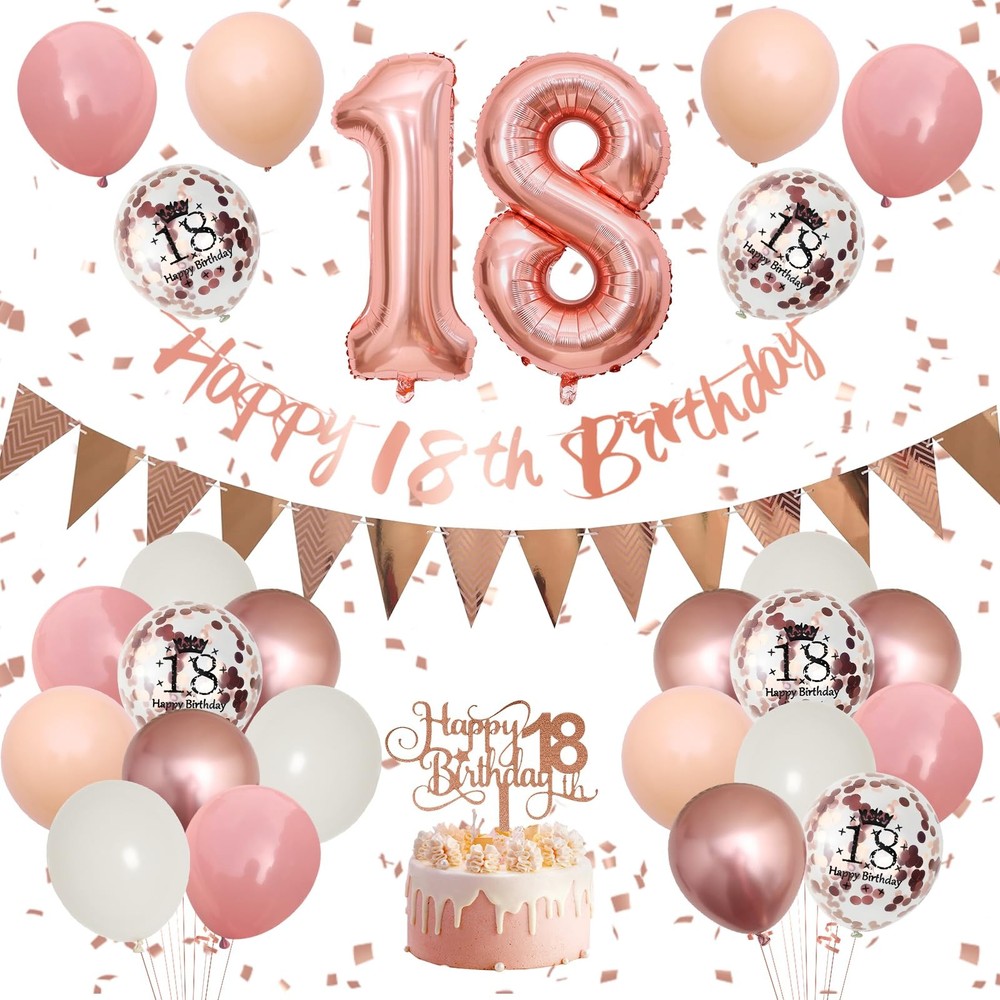 18th Birthday Decorations – Retro Pink Rose Gold, Happy 18th Birthday Banner …