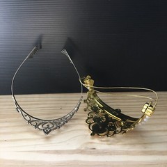 2 Tiaras: VTG Silver Metal Rhinestone Glittered & Gold Plastic MOP Ruby sapphire