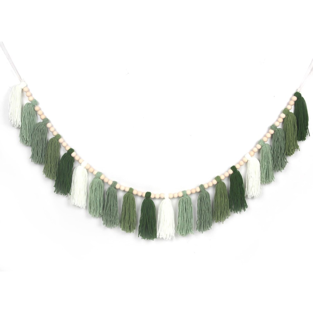 Green Boho Yarn Tassel Garland Sage Green Garland Wall Hanging Decor Forest W…