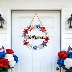 Wooden Wreath Rustic Welcome Sign, Festive 4th of July Front Door Decoration