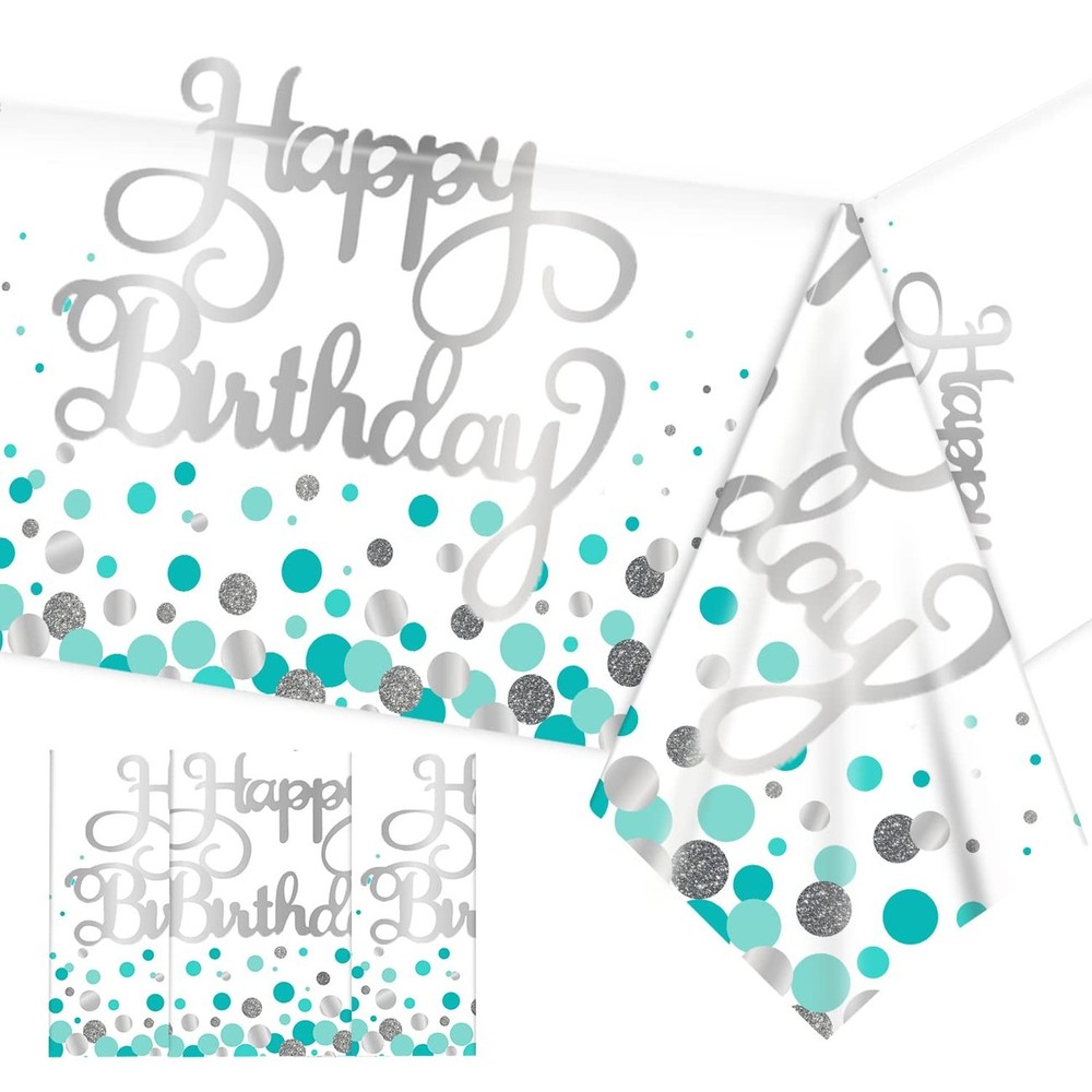 Happy Birthday Tablecloths Teal Birthday Decoration Plastic Disposable Rectan…
