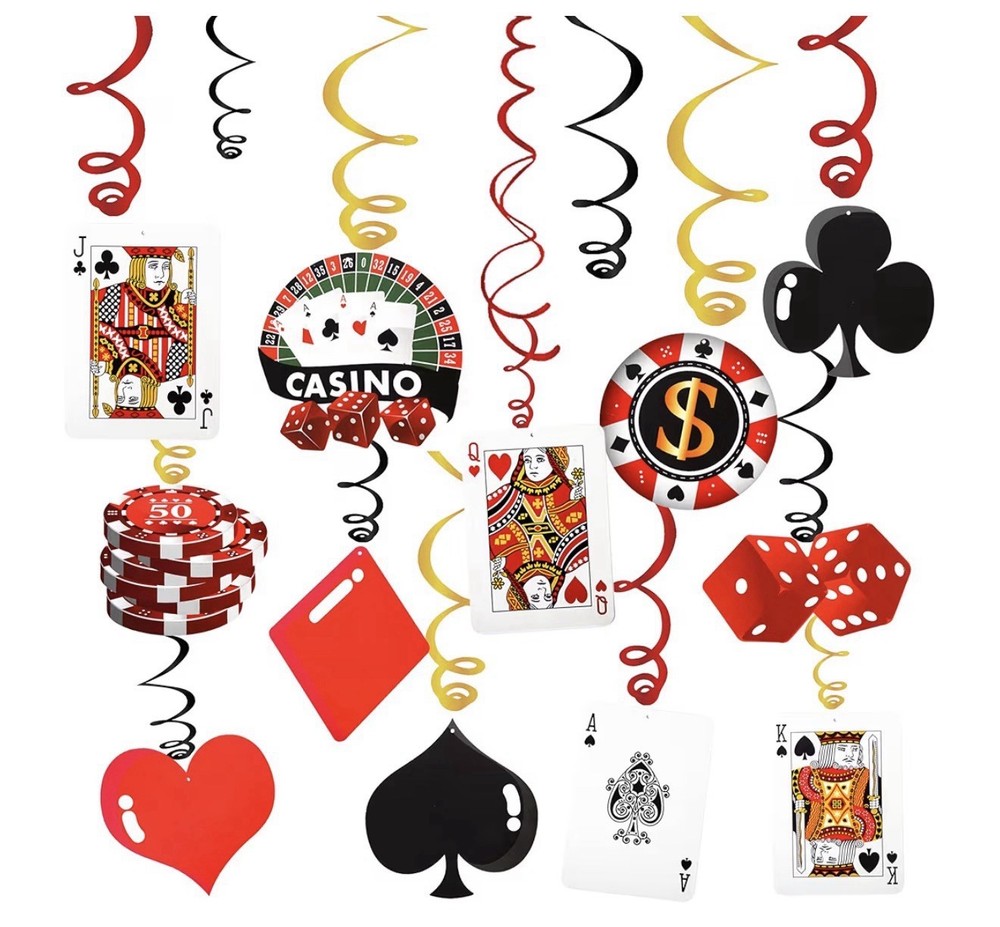 Casino Theme Party Hanging Decoration Paper Multicolor Playing Cards Poker Chips