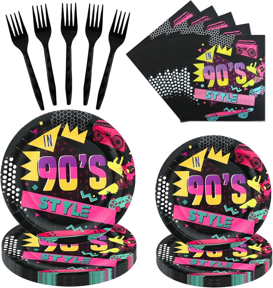 90s Retro Disposable Birthday Party Plates, Napkins, Forks, and Tablecover