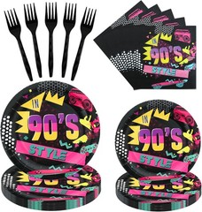 90s Retro Disposable Birthday Party Plates, Napkins, Forks, and Tablecover