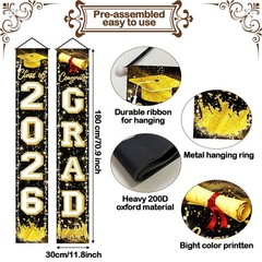 Black Gold Graduation Decorations Class of 2026 Congrats GRAD Porch Sign Banner