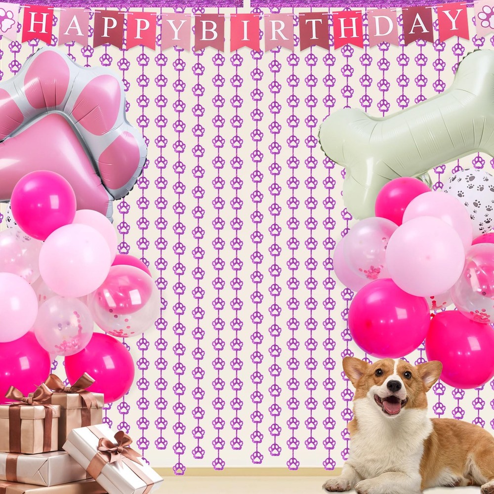RANERVZ Pink Dog Paw Birthday Decorations Foil Curtain 3.3×6.6ft