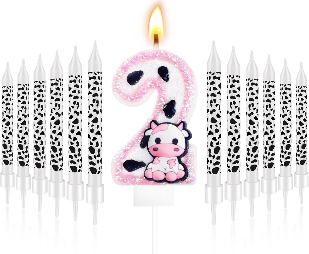 13 Pcs Cow Themed Birthday Candles – 0 to 9 Pink Cow Number Candle & Cow Print C