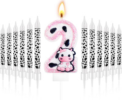 13 Pcs Cow Themed Birthday Candles – 0 to 9 Pink Cow Number Candle & Cow Print C