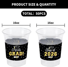 50Pcs Graduation Decorations 2026 Disposable Graduation Cups Congrats Grad Class