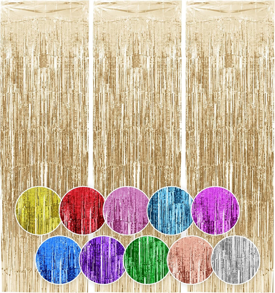 3 Pack Champagne Tinsel Backdrop, 3.3X6.6 FT Metallic Tinsel Foil Fringe Curtain