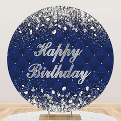 Blue Silver Glitter Happy Birthday Backdrop Cover