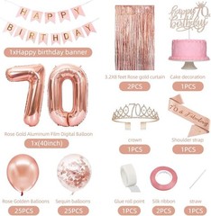 Complete Rose Gold 70th Birthday Party Set: Crown, Sash & Cake Topper Included