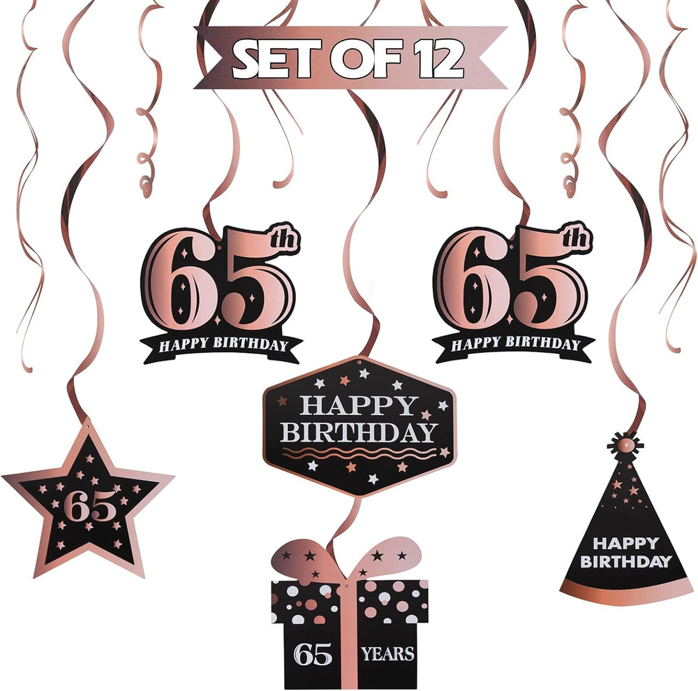 Happy 65th Birthday Decorations – 12Pcs Birthday Black & Rose Gold Swirls Stream