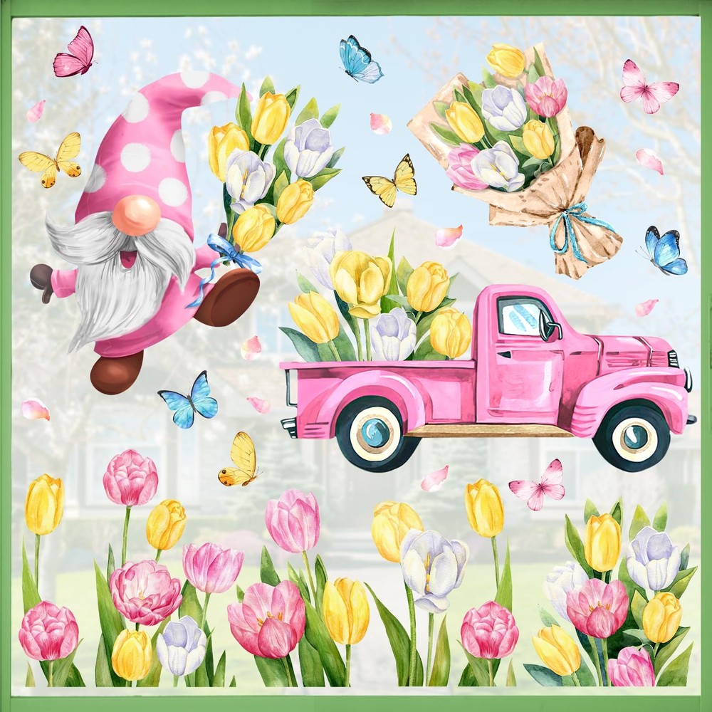 9 Sheets Spring is in The Air Tulip Flowers Window Clings, Floral Gnome Truck Ca