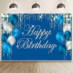 Navy Bluey and Silver Happy Birthday Backdrop 6×3.6ft Navy Blue and Silver