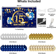 Blue Gold 15Th Birthday Banner with Confetti Balloon Arch, Happy Fifteen Banner