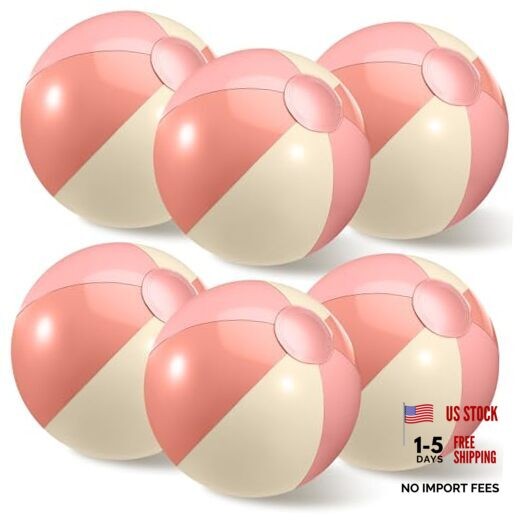 6 Pieces Beach Balls Bulk- 17 Inch Inflatable Pool Balls, PVC Pink and White