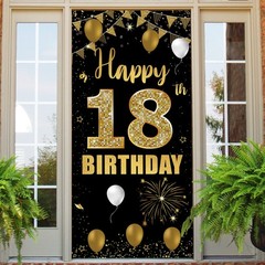 18th Door Banner Backdrop, Happy 18th Decorations for Girls Boys Black Gold, …