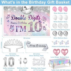 10th Birthday Decorations for Girls,49pcs Silver Dazzle Double Digits Banner,…