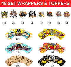 48PCS Pirate Themed Birthday Party Decorations | 24PCS Cupcake Toppers & 24PCS C