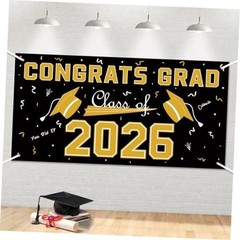 2026 Graduation Decorations – Polyester Graduation Backdrop – Black Gold