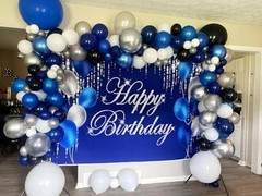 Navy Bluey and Silver Happy Birthday Backdrop 6×3.6ft Navy Blue and Silver