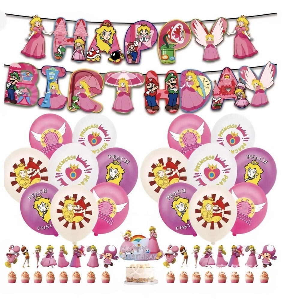 Super Mario Princess Peach Birthday Party Supplies Balloon Banner Cake Toppers