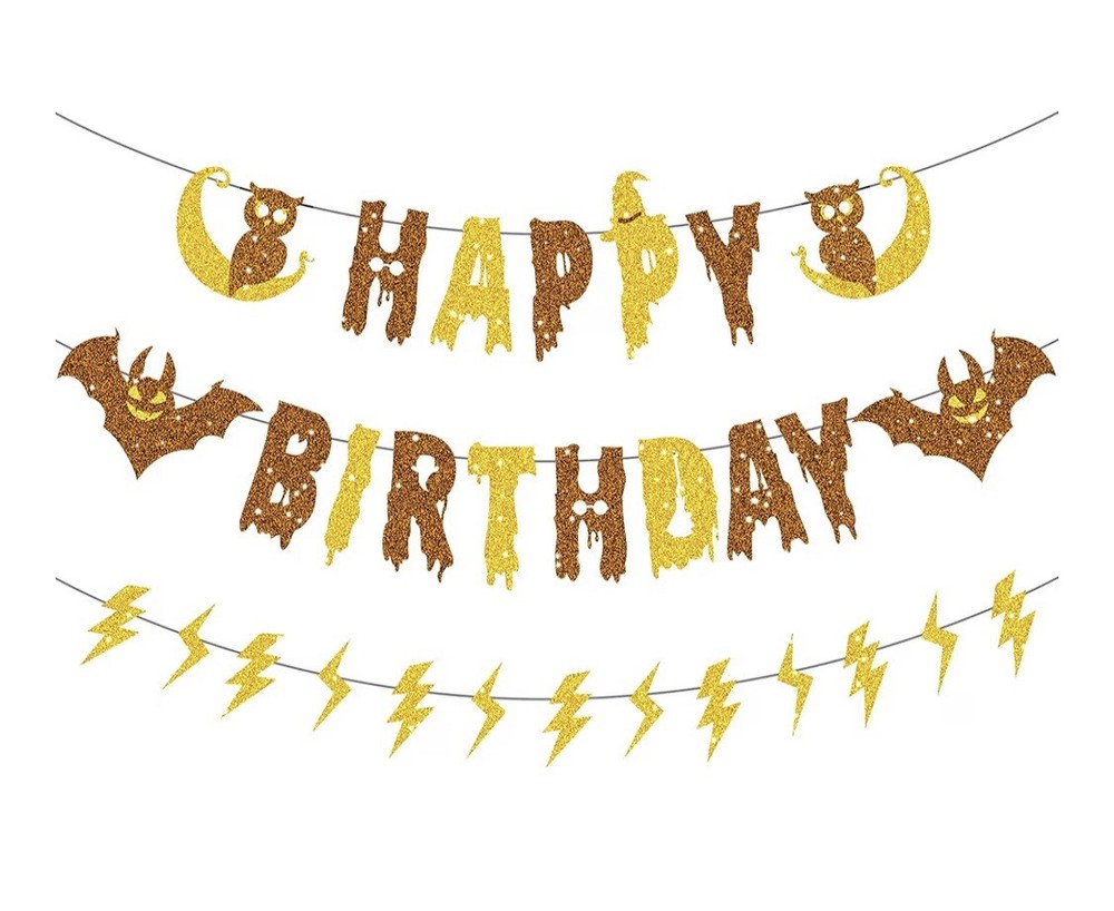 Gold Glitter Halloween Happy Birthday Banner Halloween Bats Birthday