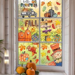 Fall Window Clings Decorations for Glass Watercolor Pumpkin Colorful