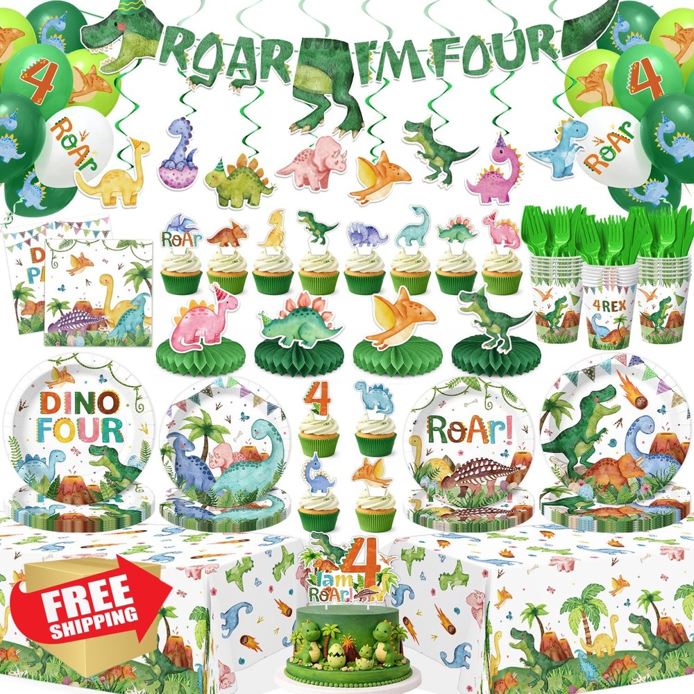 Kinovo 4th Rex Dinosaur Birthday Decorations Serve 24