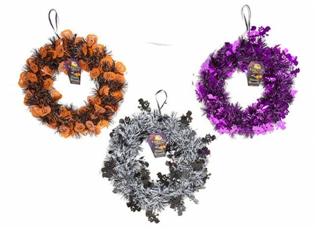 24cm HALLOWEEN TINSEL WREATH Door Decor Hanging Decoration Pumpkin Bat Prop