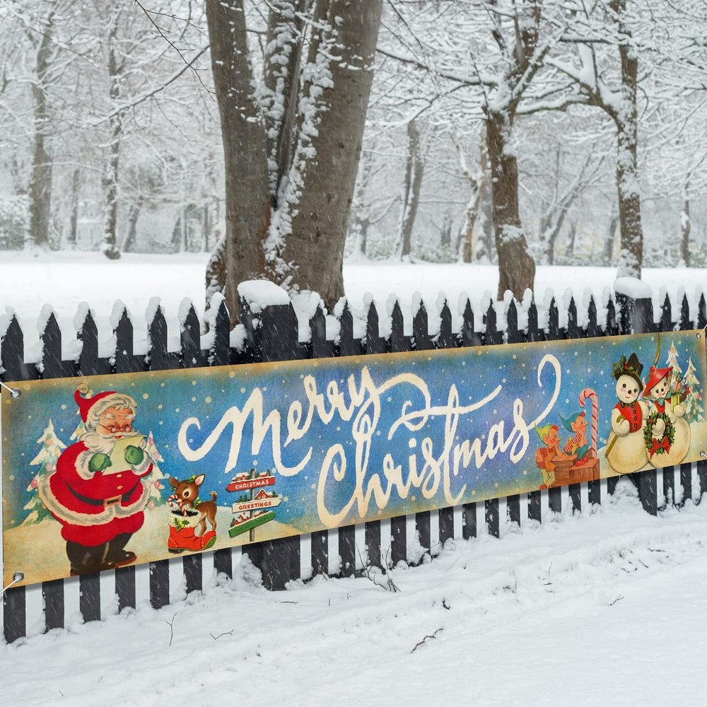 Vintage Merry Christmas Banner Yard Sign Hanging Banner for Outdoor Decoration