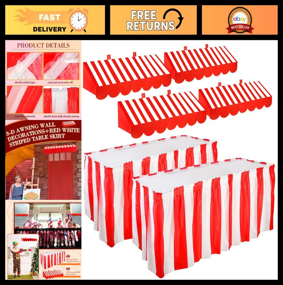 6 Pcs 3D Circus Wall Decorations & Stripe Table Skirts for Carnival Party Decor