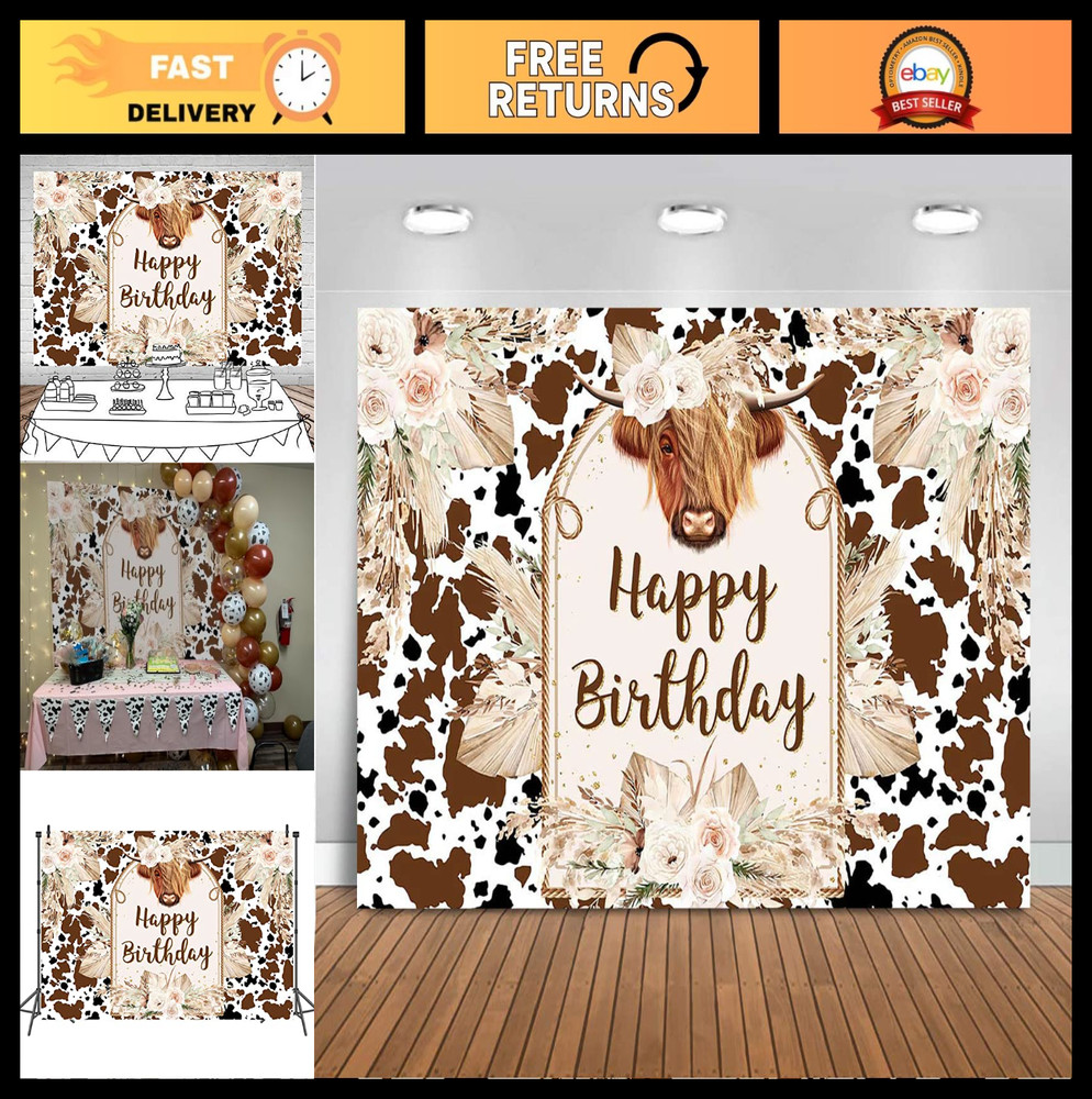 Happy Birthday Cow Backdrop 7x5ft | Boho Farm Photography Background | Cattle Pa